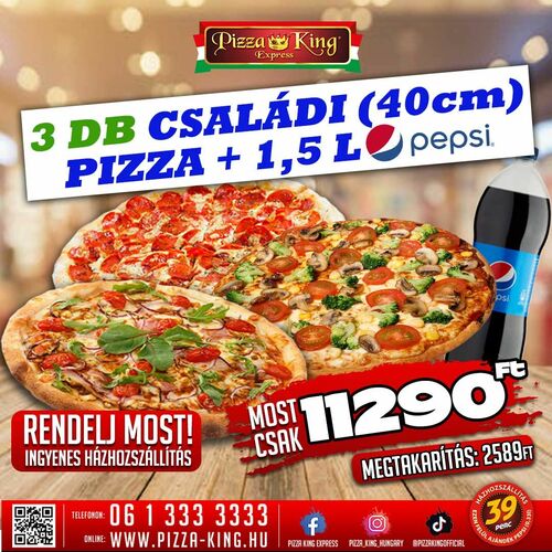 Pizza King 10 - 3 családi pizza 1,5l pepsivel - Szuper ajánlat - Online rendelés